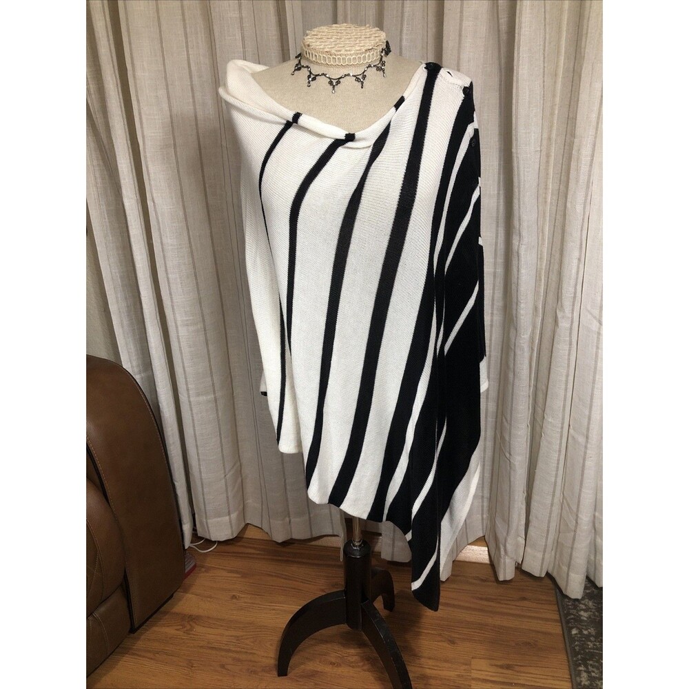 Chicos Womens Black/White Striped Cowl Neck Knit Poncho Cape Sweater L/XL